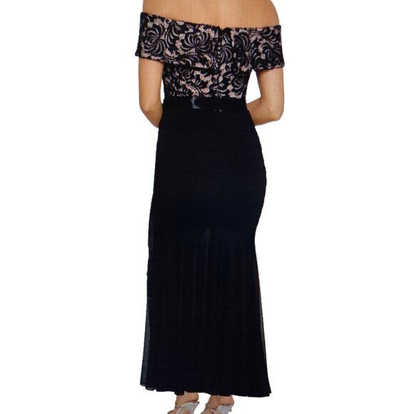NWT Betsy & Adam Petite Lace-Top Off-The-Shoulder Gown Black SZ 14P - Picture 4 of 10